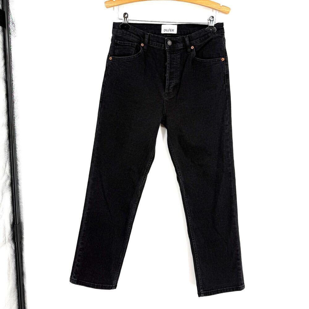DUER Jeans Womens 29x27 Midweight Denim High Rise Straight Aged Black Button Fly